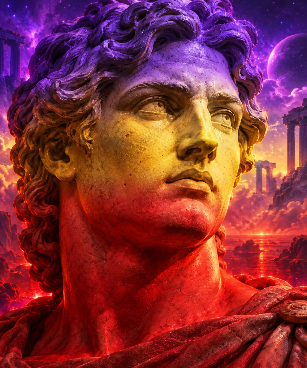A marble head of Alexander looking up, his face lit gold against a violet sky.