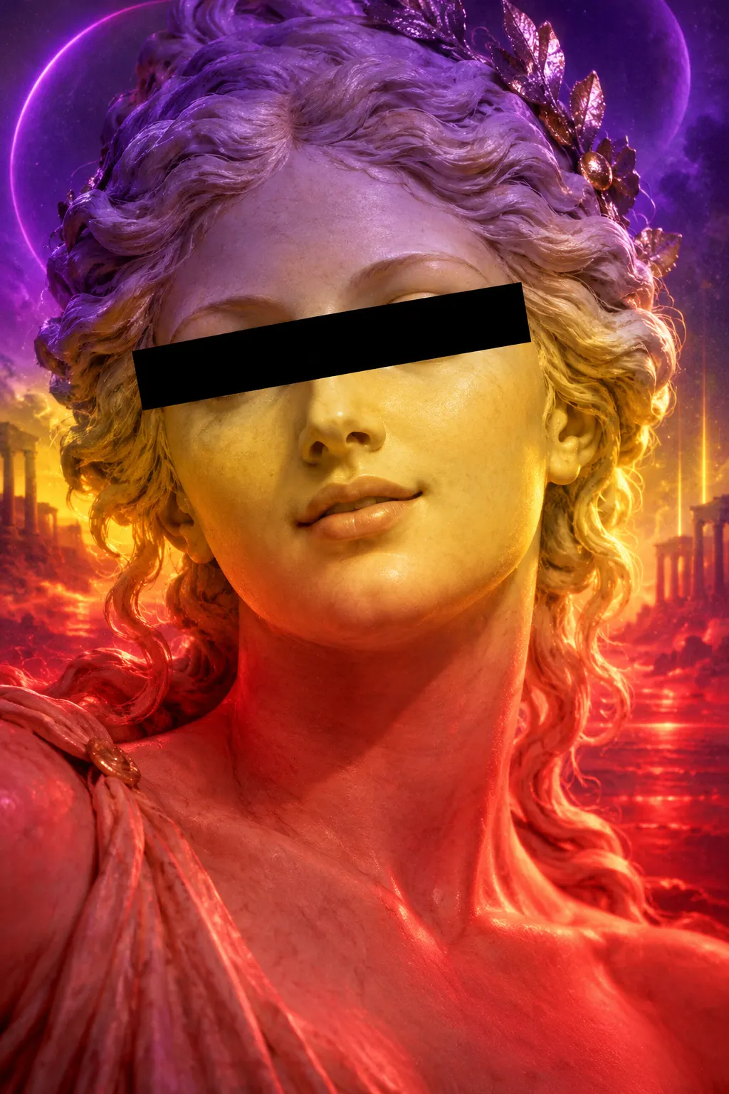 A marble Aphrodite with a black bar across her eyes, lit violet, gold and red.
