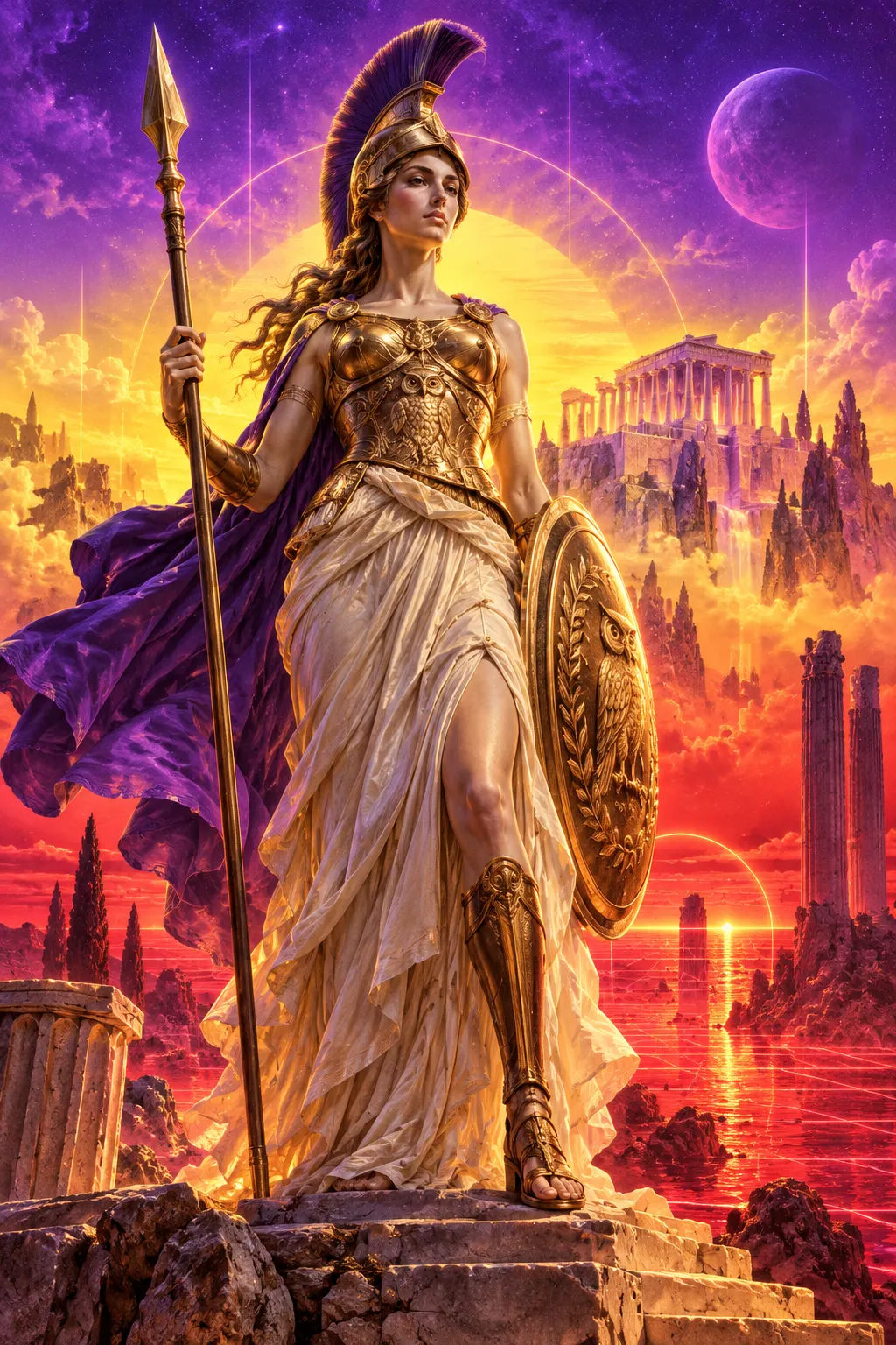 Athena in gold armour with spear and owl shield, the Parthenon behind her at sunset.