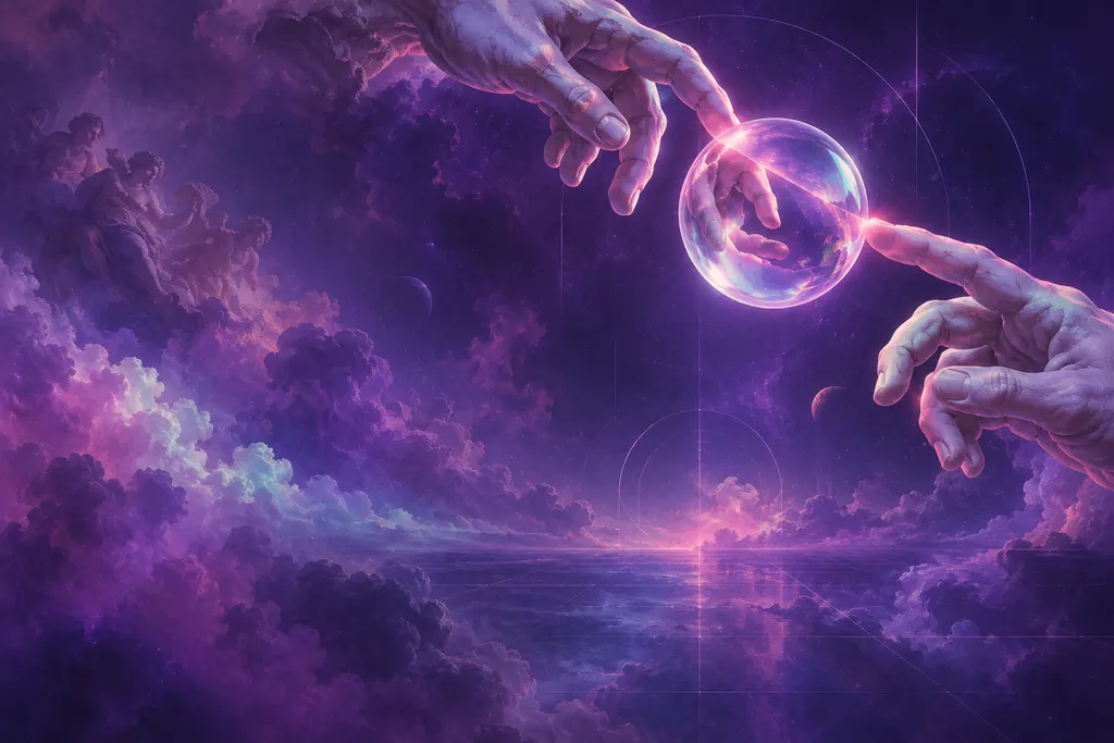 Two marble hands reach for a glowing orb above a violet sea of clouds.