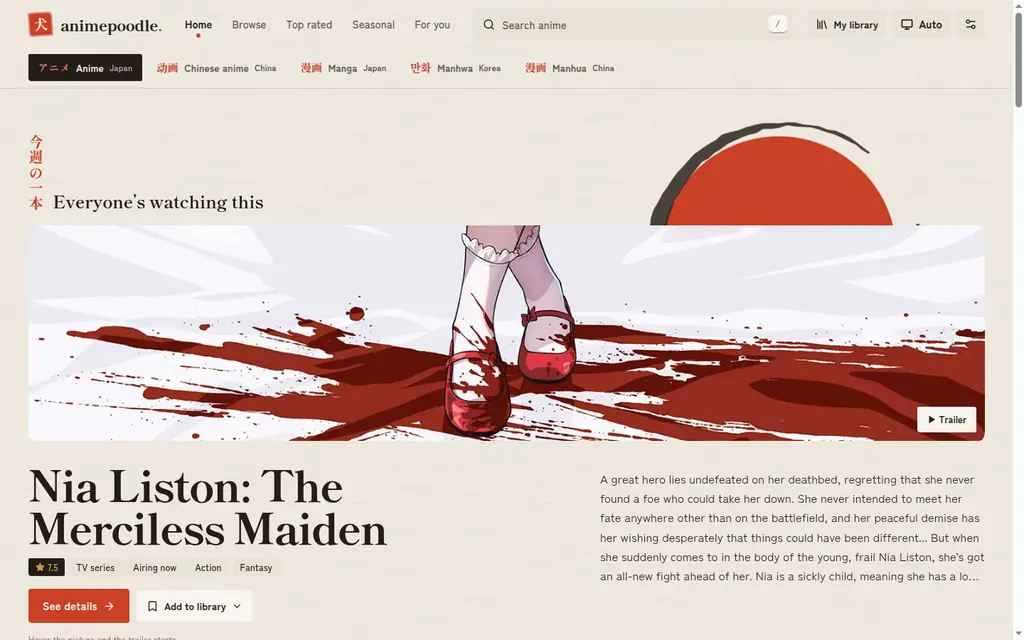 animepoodle: A place to discover and track anime, donghua, manga, manhwa and manhua, with recommendations worked out in your own browser.