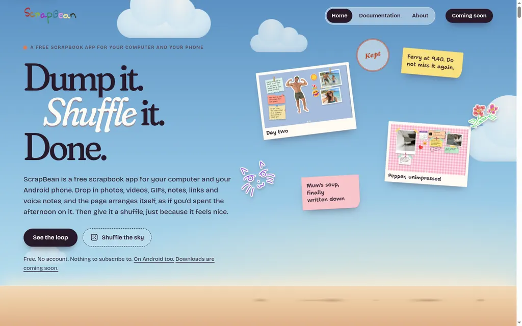 ScrapBean: An everyday memory scrapbook. Paste, drop or write anything, and it lands on the page as a collage you can rearrange.